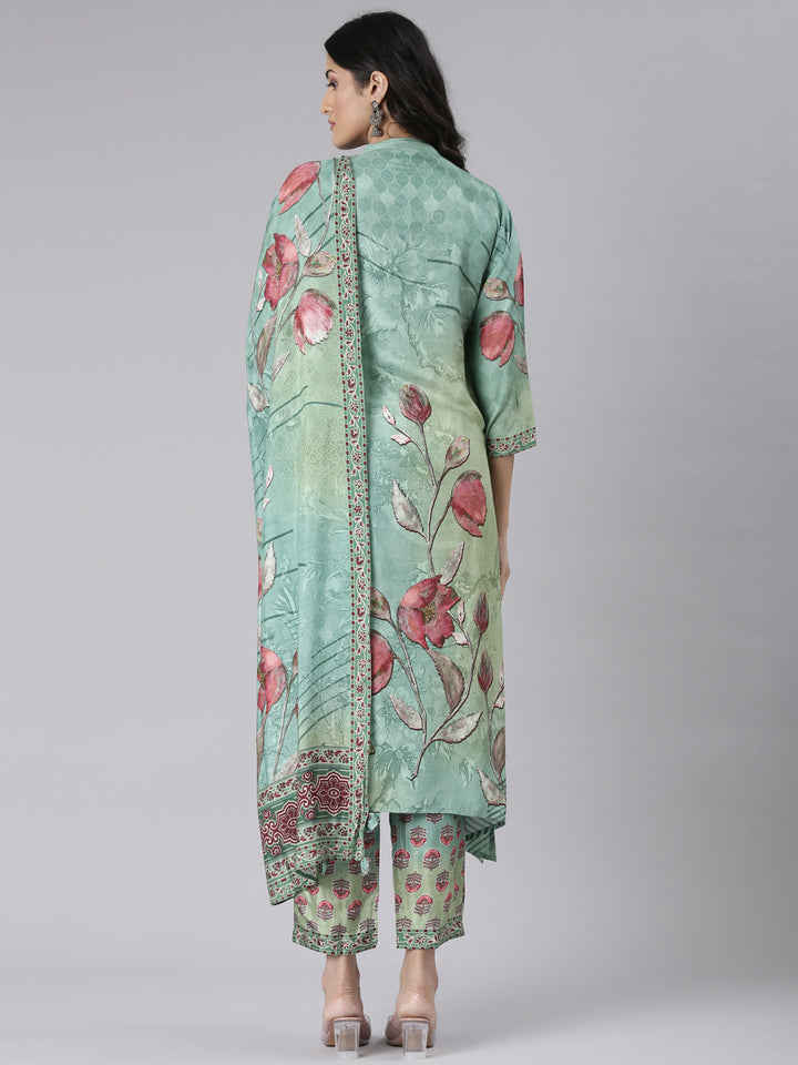 Neerus Green Printed Straight Kurta and Trousers With Dupatta