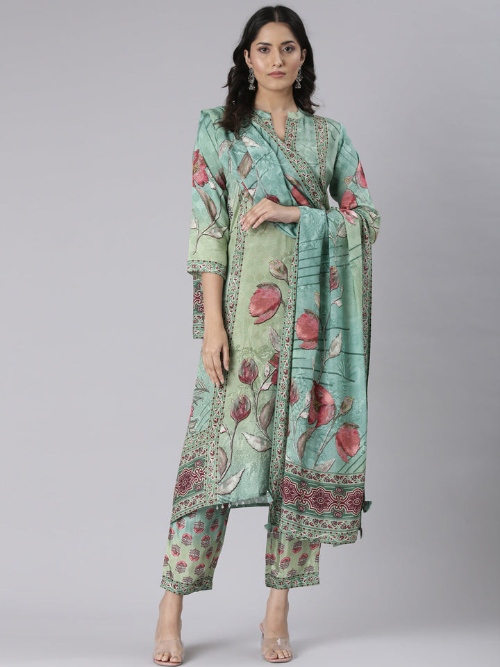 Neerus Green Printed Straight Kurta and Trousers With Dupatta