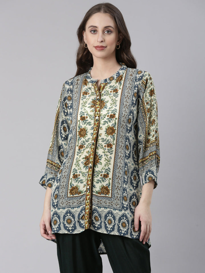 Neerus Blue Curved Floral Casual Kurti