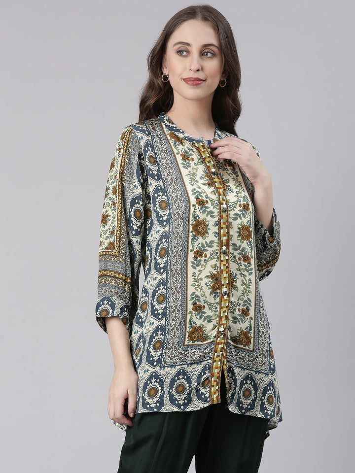 Neerus Blue Curved Floral Casual Kurti