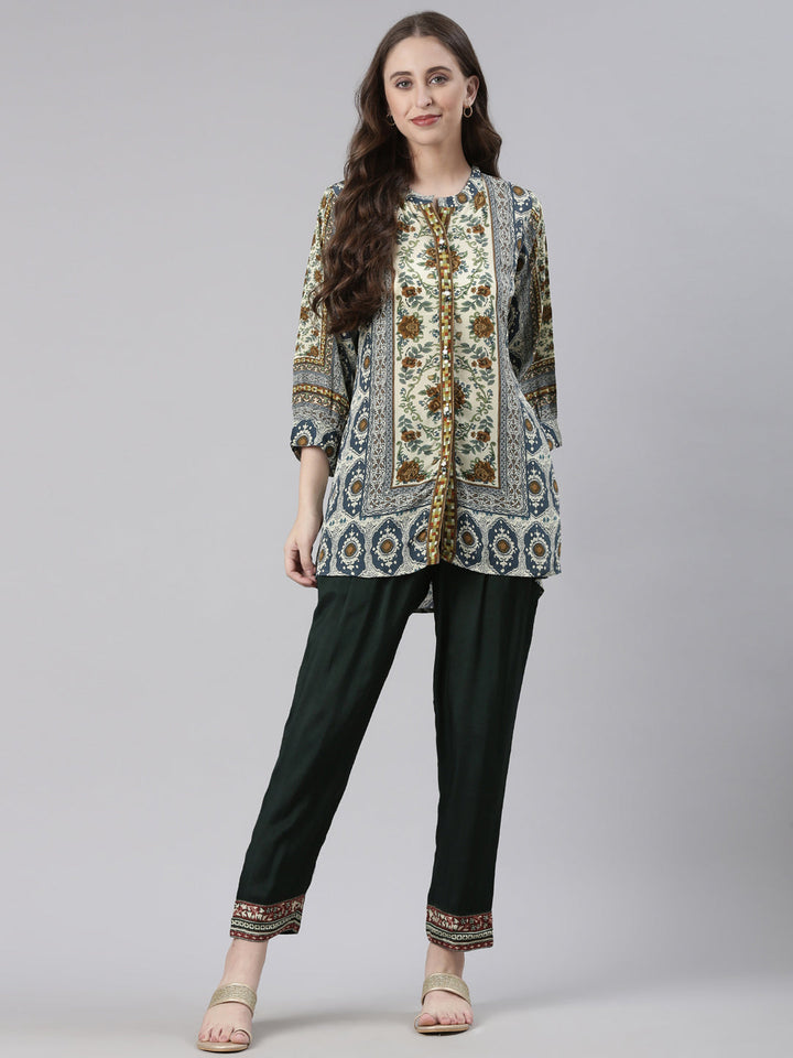 Neerus Blue Curved Floral Casual Kurti