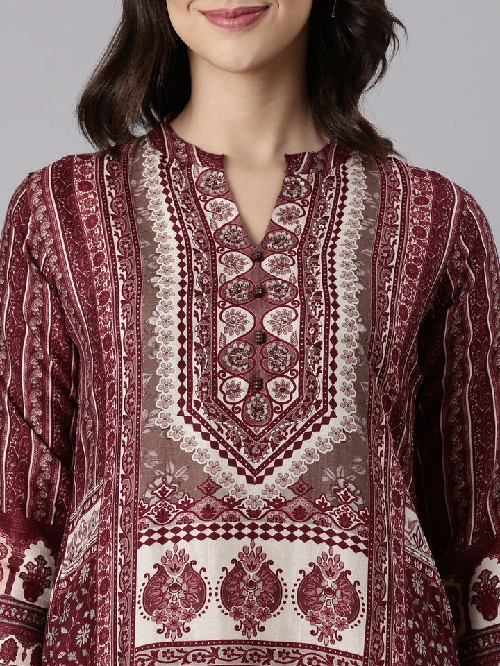 Wine Muslin Printed Three Piece Set