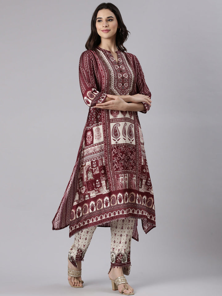 Wine Muslin Printed Three Piece Set