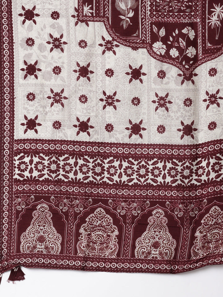 Wine Muslin Printed Three Piece Set