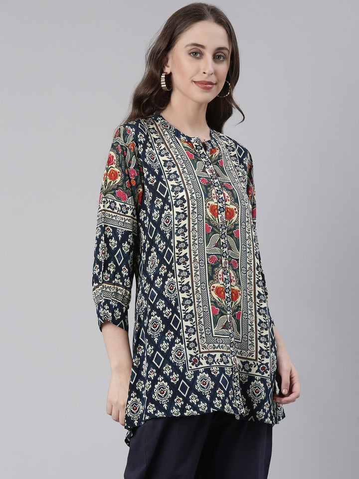 Neerus Navy Blue Curved Floral Casual Kurti