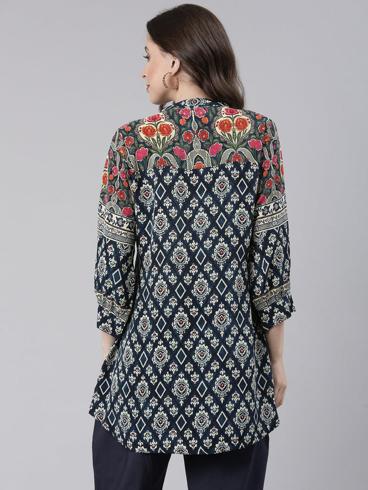 Neerus Navy Blue Curved Floral Casual Kurti