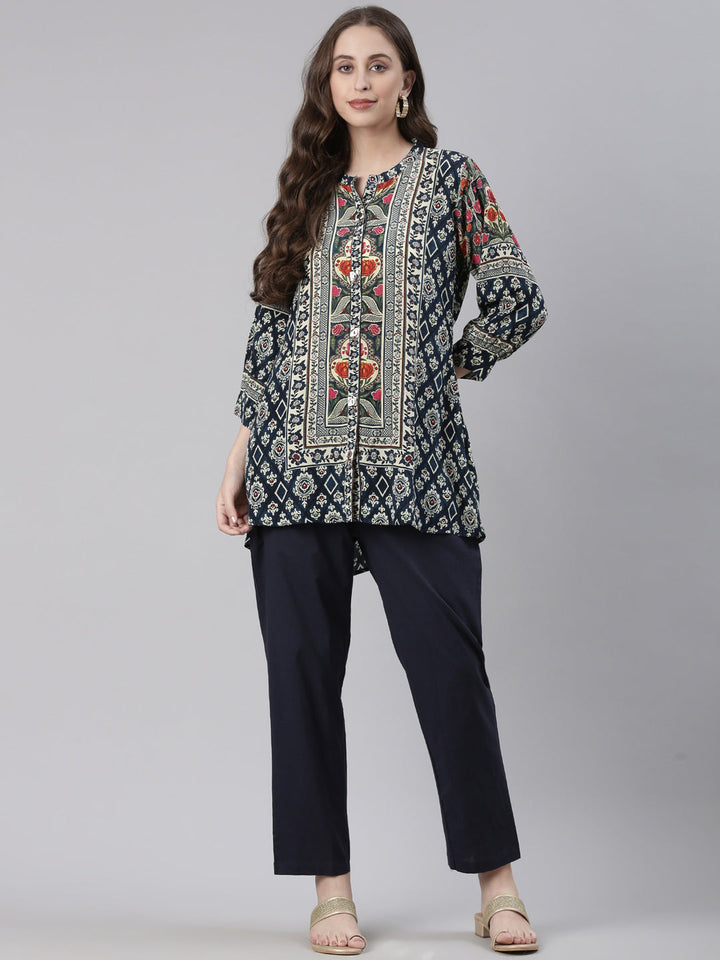 Neerus Navy Blue Curved Floral Casual Kurti