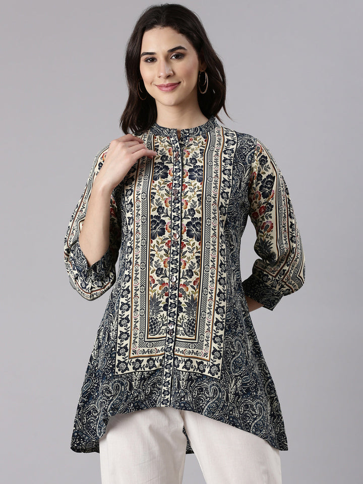 Neerus Grey crepe printed kurti - front view