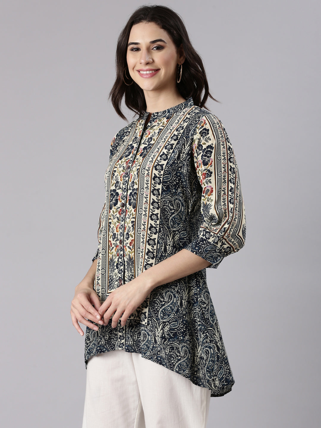 Neerus Grey crepe printed kurti - back view