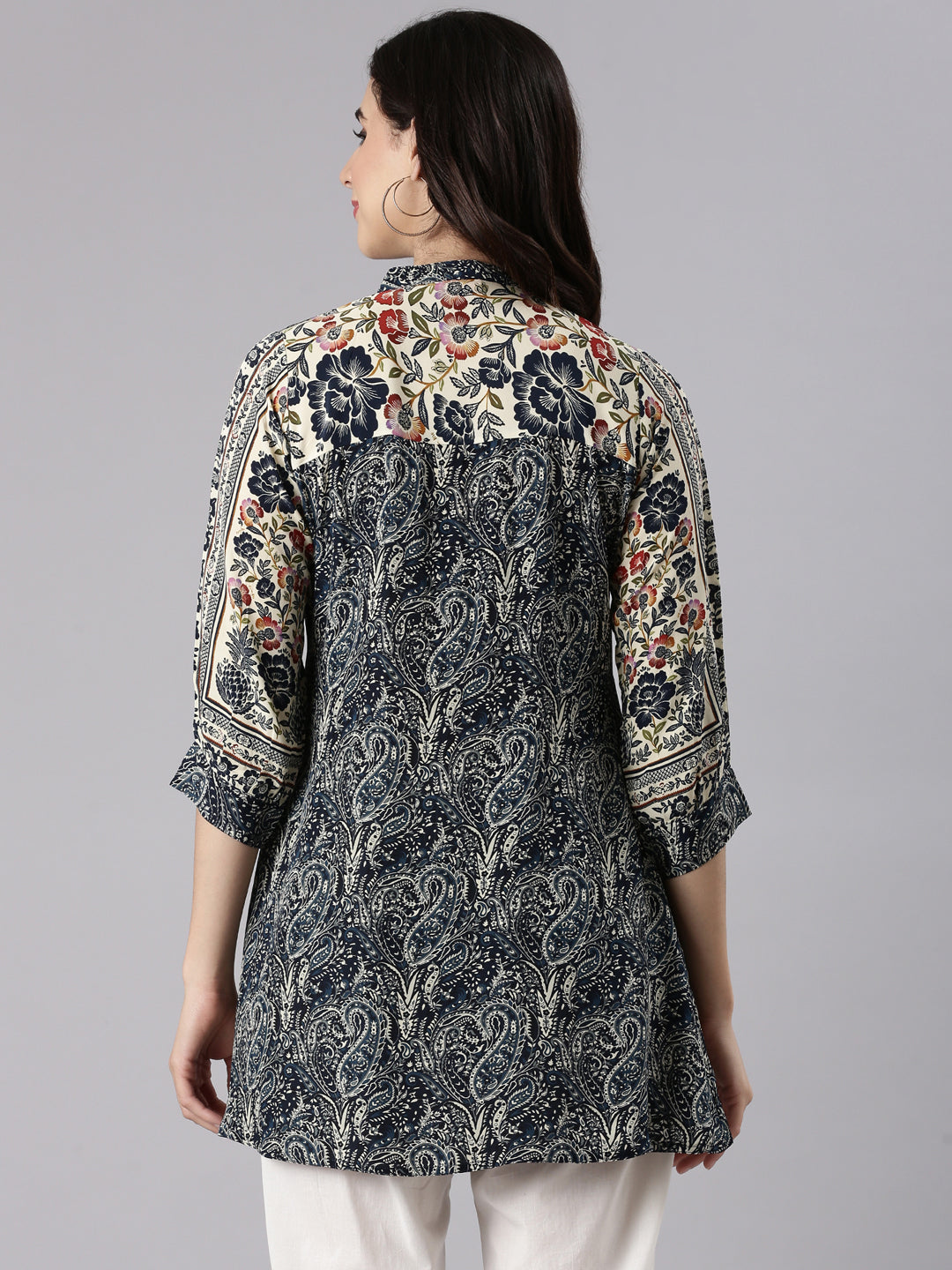 Neerus Grey crepe printed kurti - side view