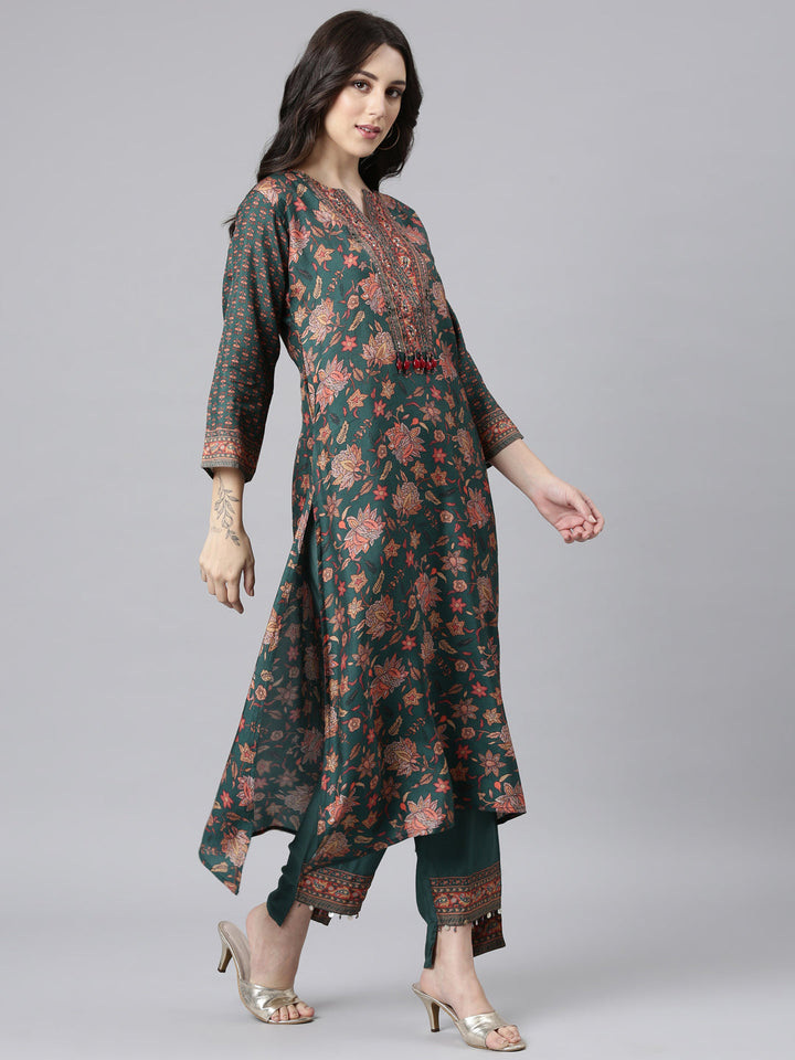 Neerus Green raw silk panelled straight suit set - back view