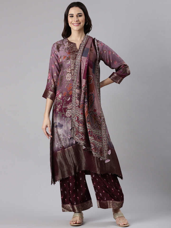 Grape Muslin A Line Cut Three Piece Set