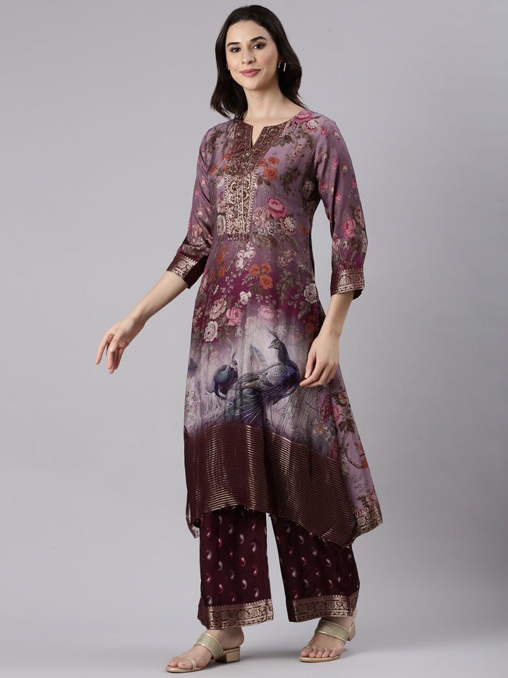 Grape Muslin A Line Cut Three Piece Set