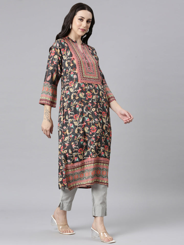 Neerus Grey printed floral straight kurta - back view