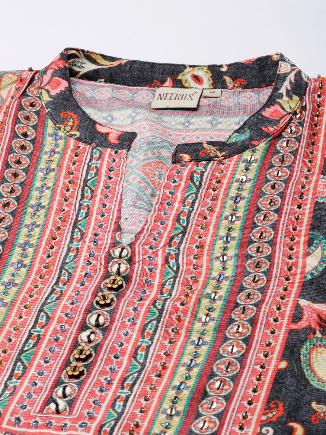 Neerus Grey printed floral straight kurta - detail view 1