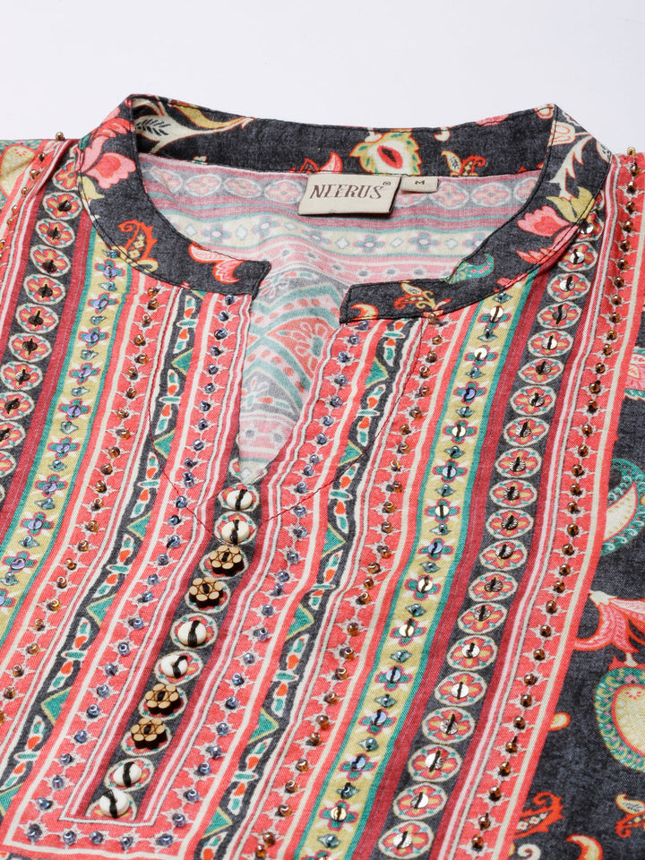 Neerus Grey printed floral straight kurta - detail view 1
