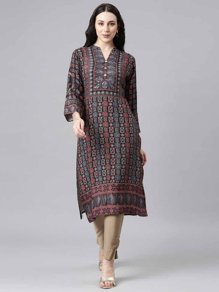 Neerus Black printed floral straight kurta - front view