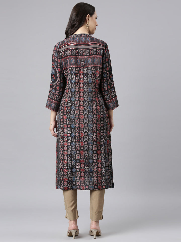 Neerus Black printed floral straight kurta - side view