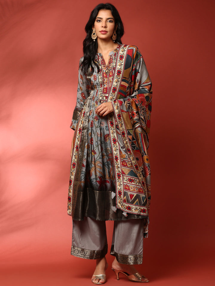 Neerus Grey silk printed Kalamkari suit set - front view