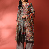 Grey Kalamkari Silk A-line three piece suit set