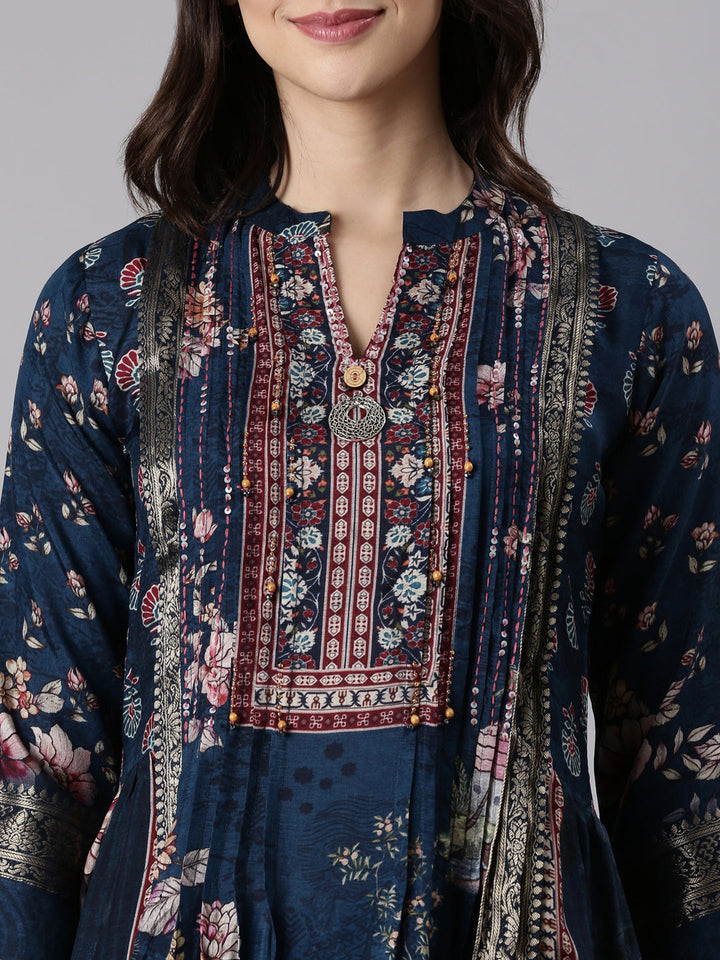 Blue Muslin Printed Three Piece Set