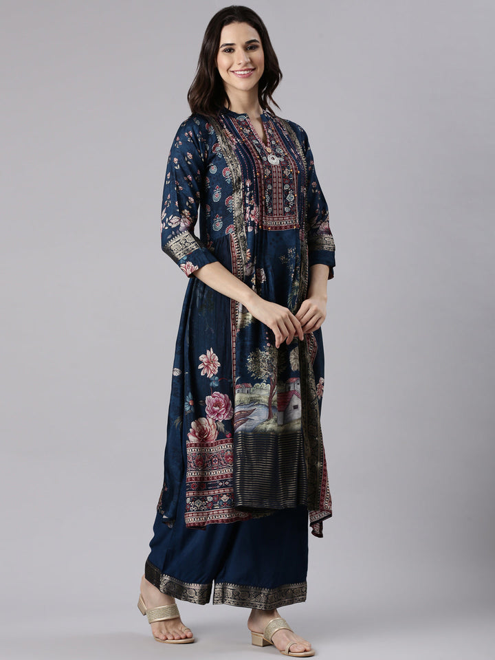 Blue Muslin Printed Three Piece Set