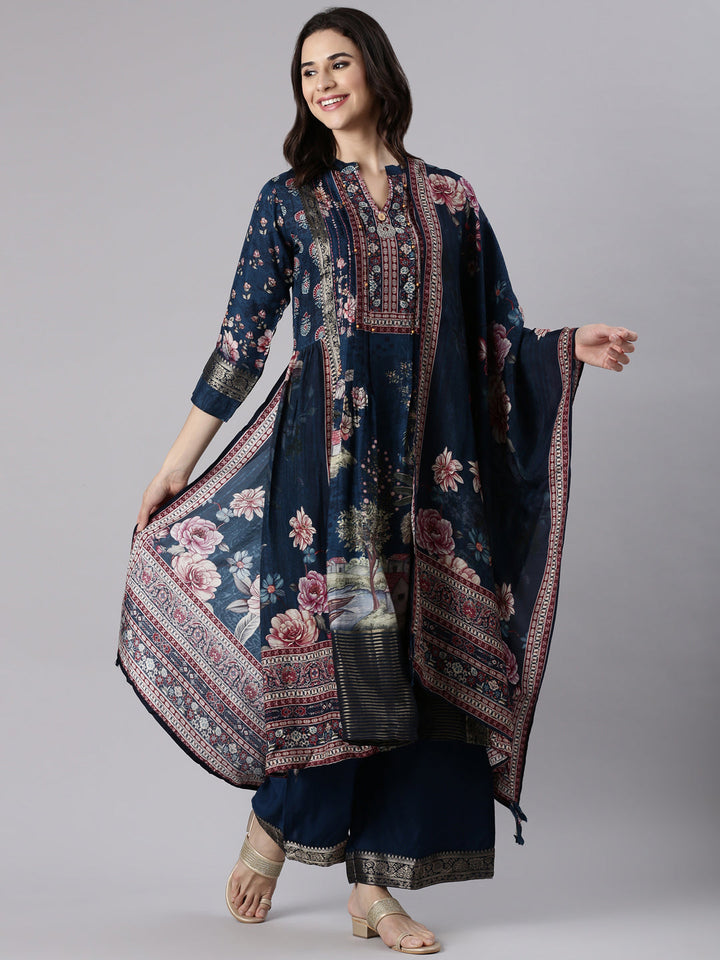 Blue Muslin Printed Three Piece Set