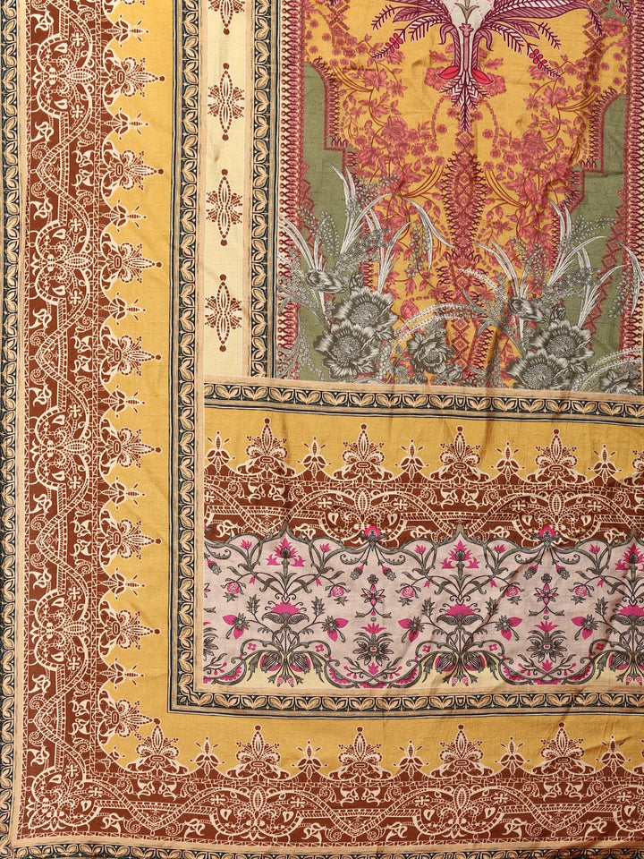 Green and Mustard digital printed embroidered anarkali three piece set