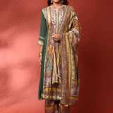 Green and Mustard digital printed embroidered anarkali three piece set