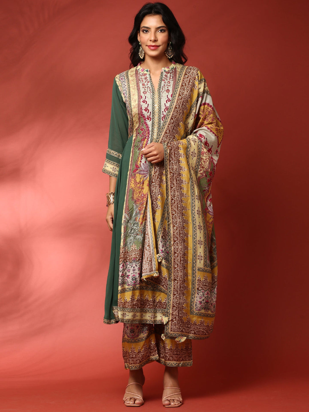 Neerus Green georgette embroidered Anarkali suit set - front view
