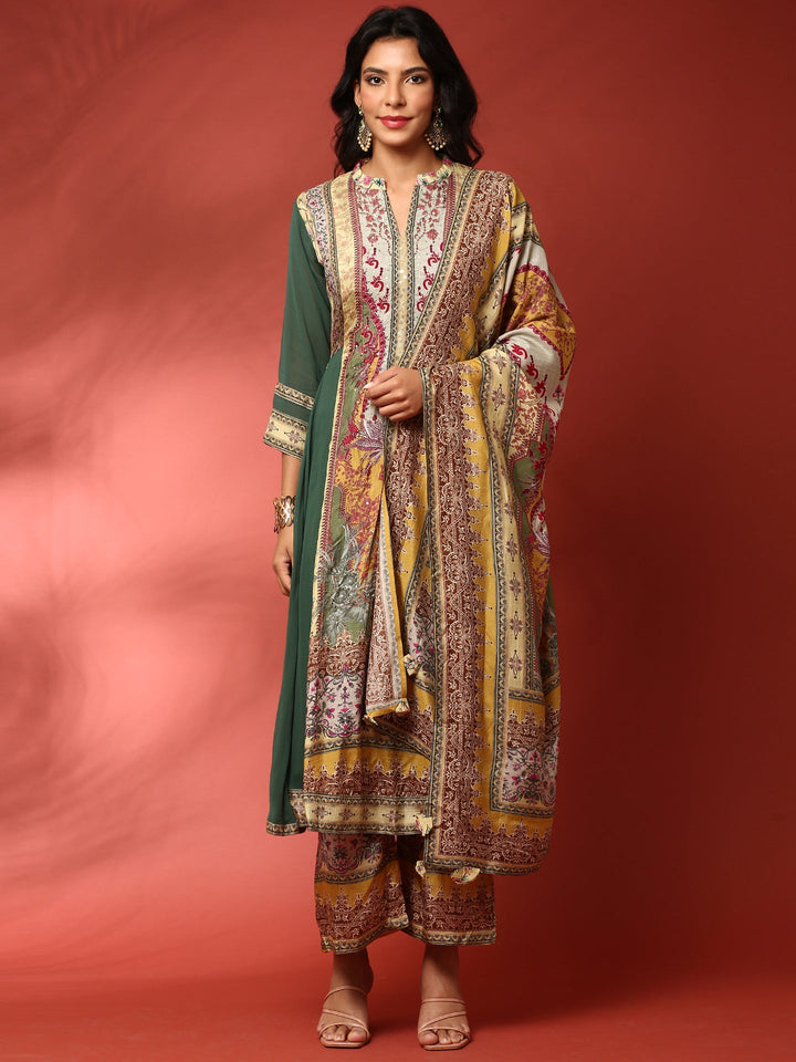 Neerus Green georgette embroidered Anarkali suit set - front view