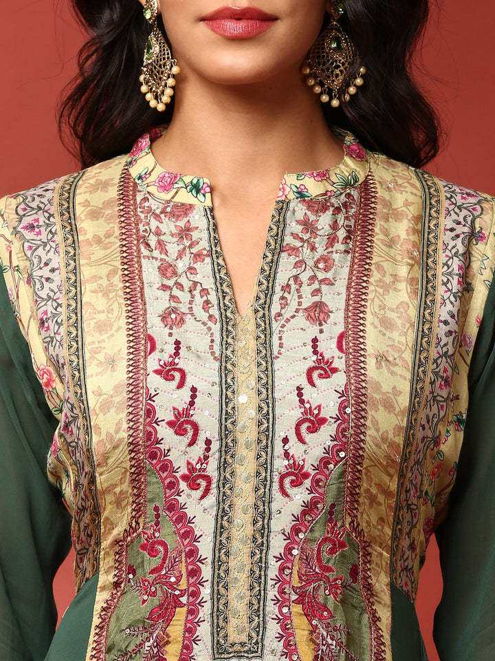 Neerus Green georgette embroidered Anarkali suit set - detail view 1