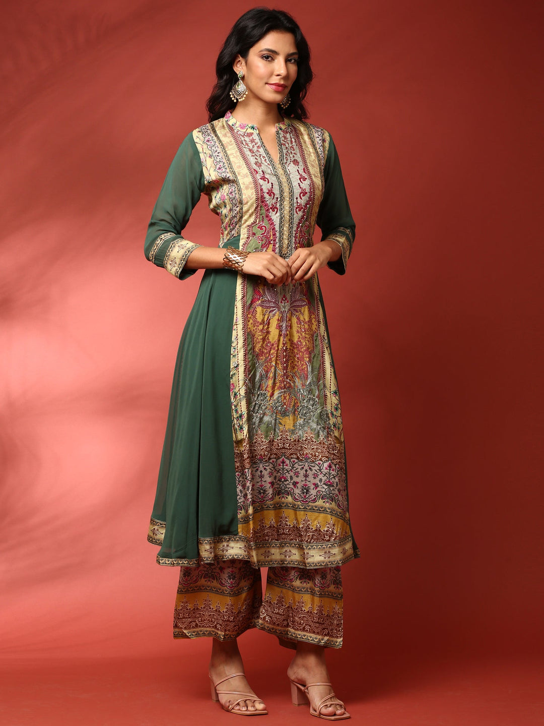 Neerus Green georgette embroidered Anarkali suit set - back view