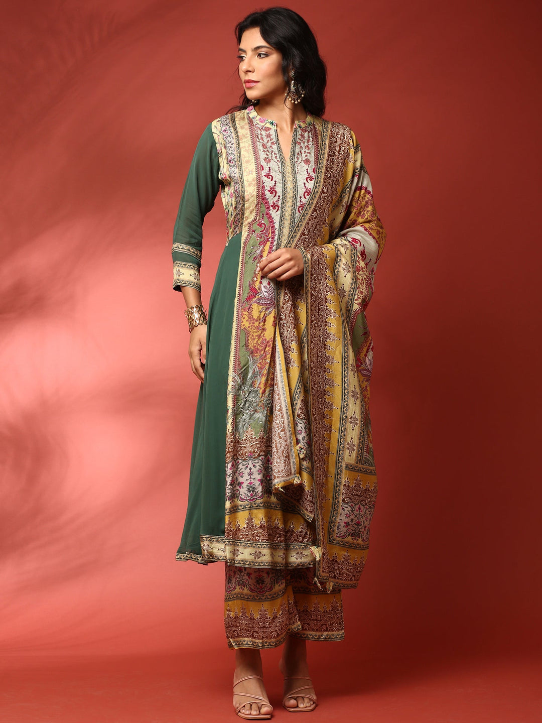 Neerus Green georgette embroidered Anarkali suit set - detail view 2