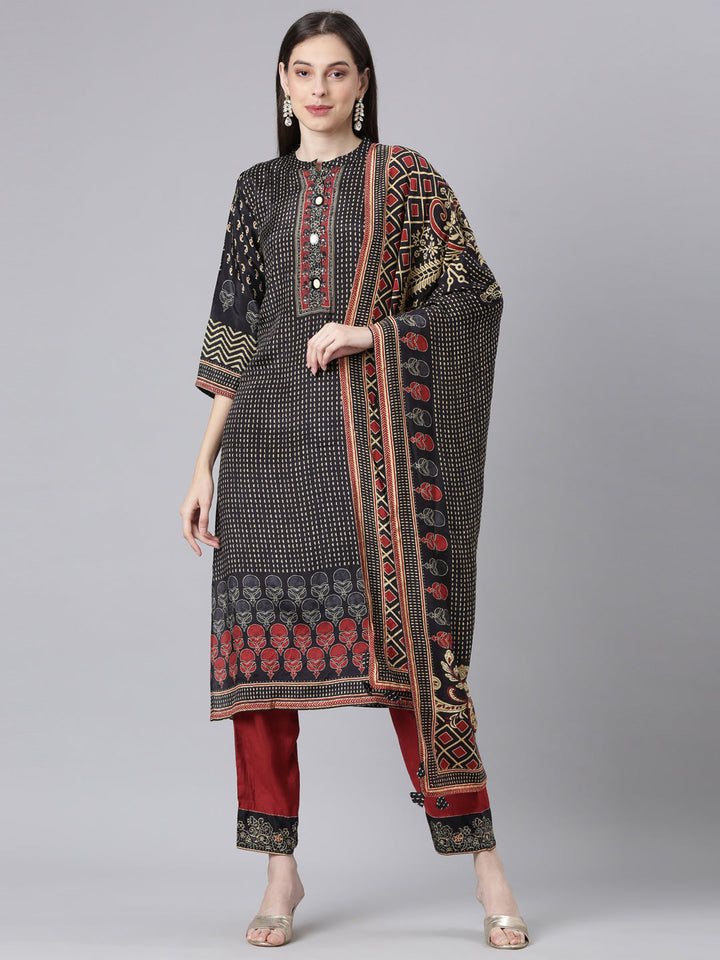 Neerus Black Printed Straight Kurta and Trousers With Dupatta