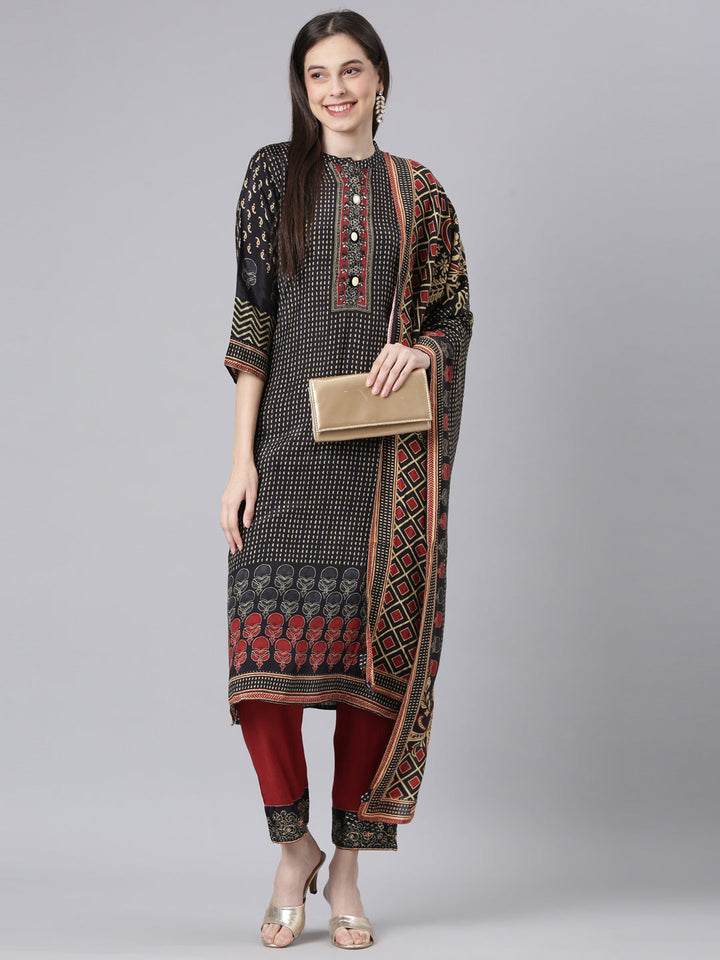 Neerus Black Printed Straight Kurta and Trousers With Dupatta