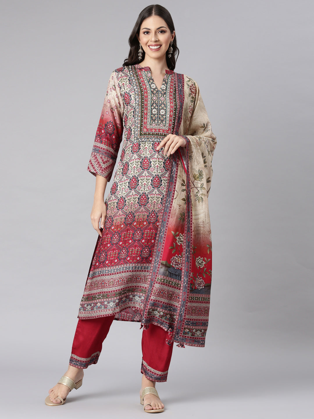 Neerus Beige cotton printed suit set - front view