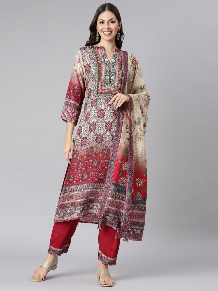Neerus Beige cotton printed suit set - front view