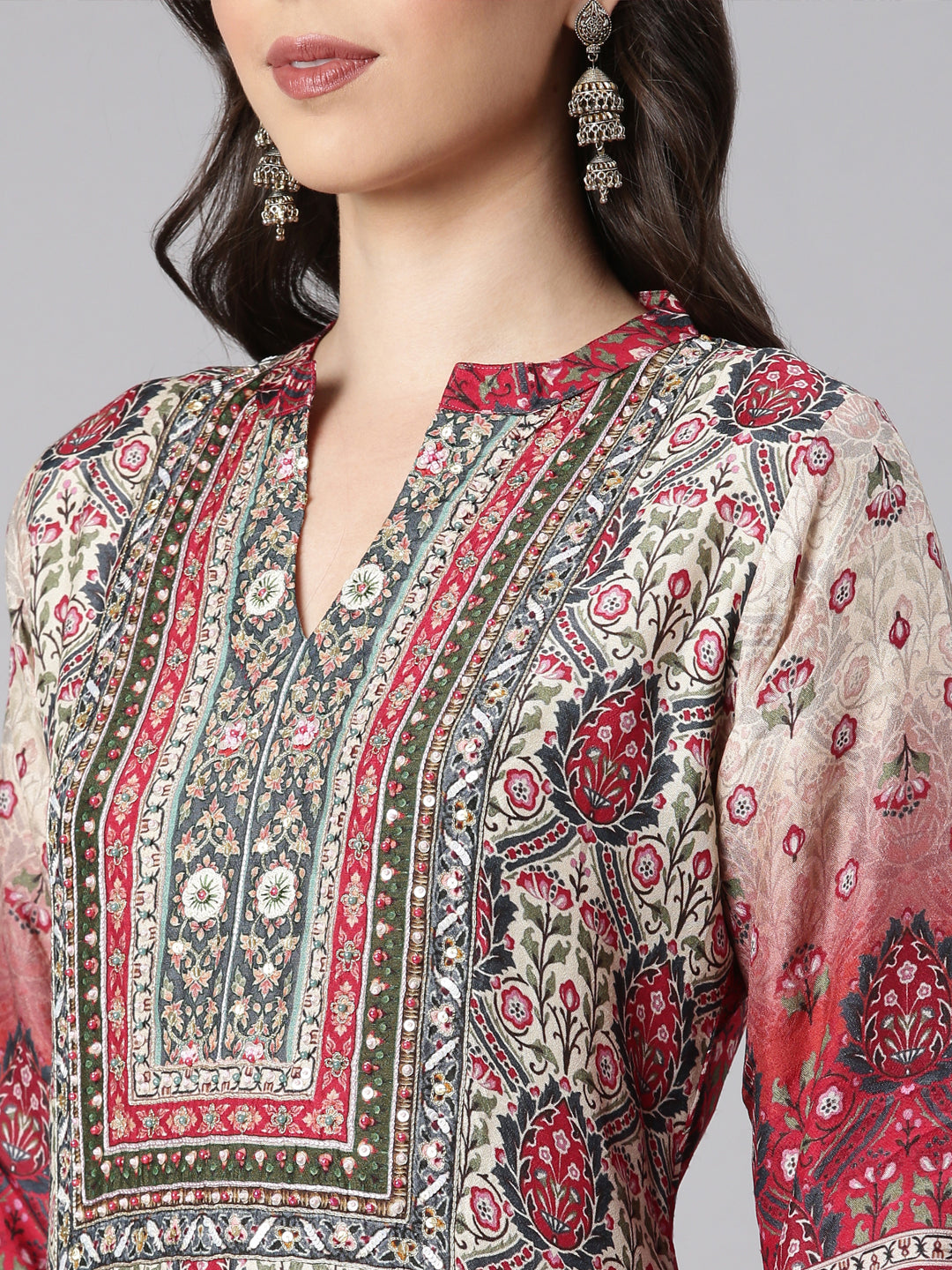Neerus Beige cotton printed suit set - detail view 1