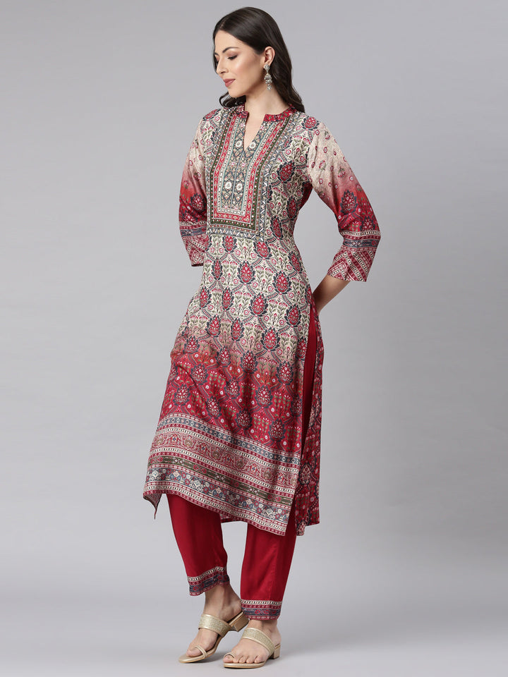 Neerus Beige cotton printed suit set - back view