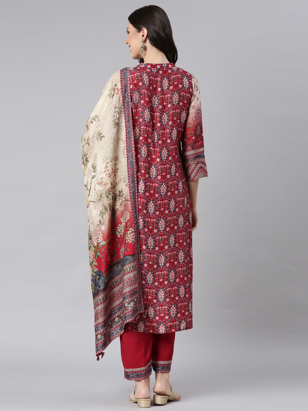 Neerus Beige cotton printed suit set - side view