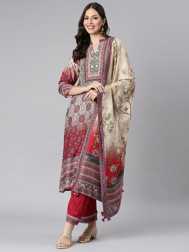 Neerus Beige cotton printed suit set - detail view 2