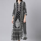 Neerus Black Curved Casual Floral Dresses.