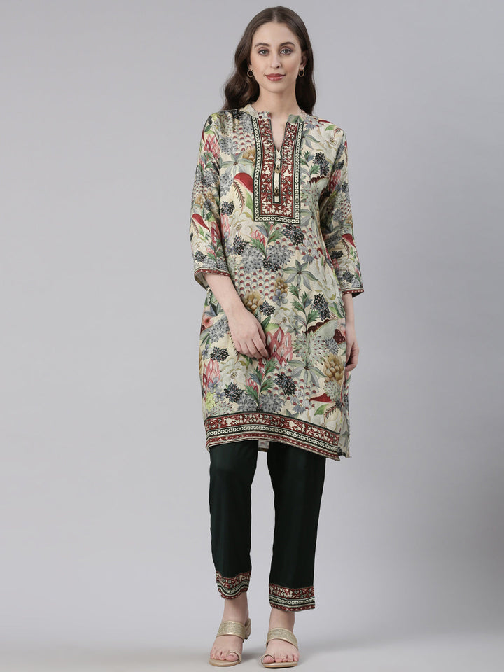 Neerus Green Printed Straight Kurta and Trousers