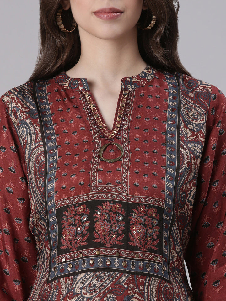 Neerus Rust Printed Straight Kurta and Trousers With Dupatta
