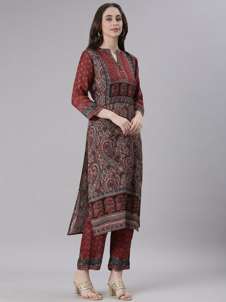 Neerus Rust Printed Straight Kurta and Trousers With Dupatta