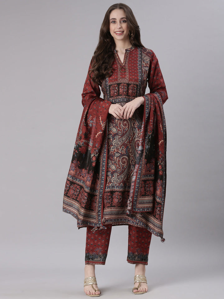 Neerus Rust Printed Straight Kurta and Trousers With Dupatta