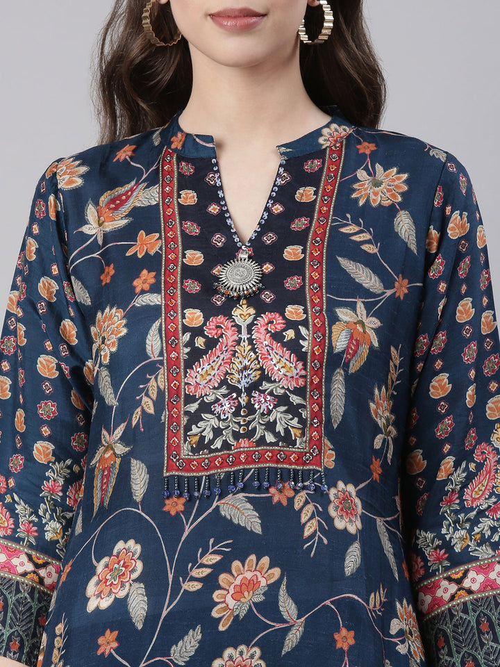 Neerus Navy Blue Printed Straight Kurta and Trousers