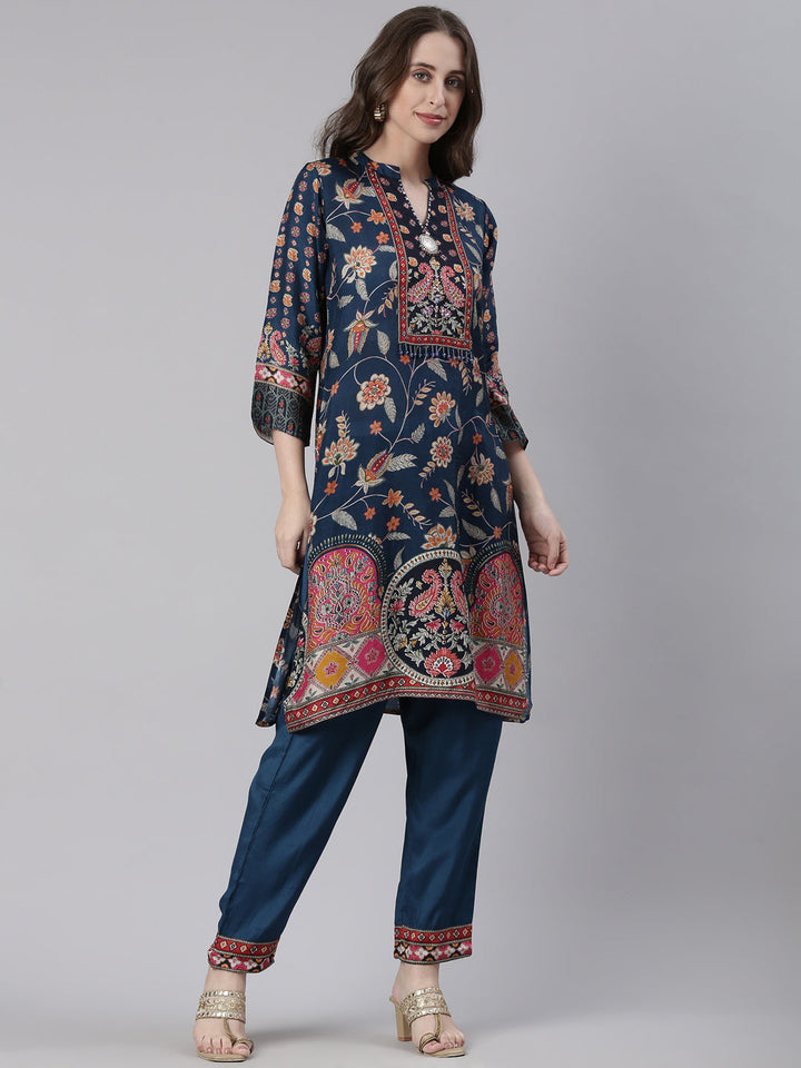 Neerus Navy Blue Printed Straight Kurta and Trousers