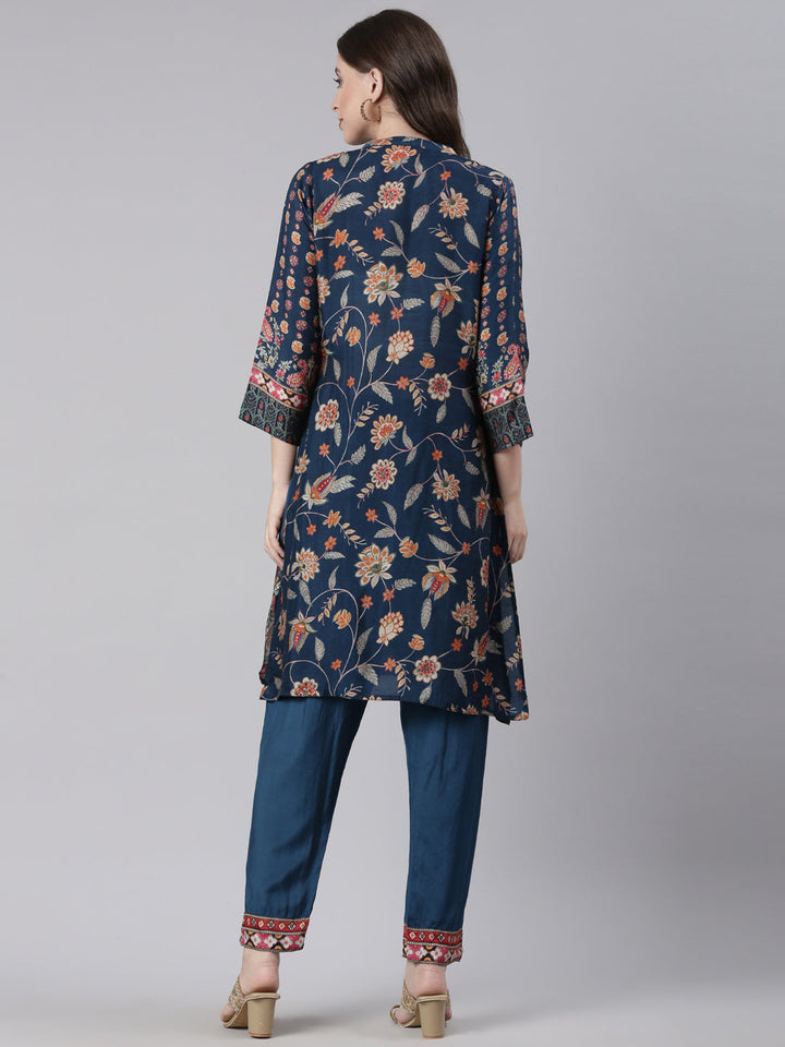 Neerus Navy Blue Printed Straight Kurta and Trousers